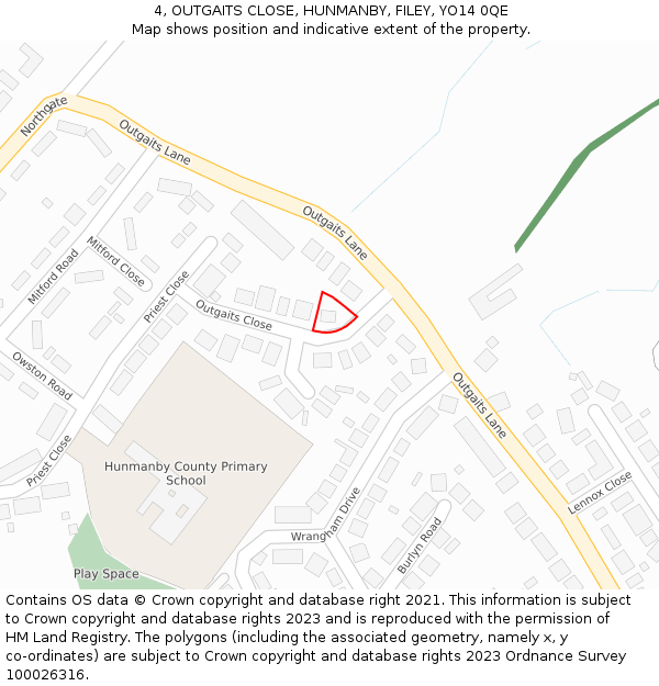 4, OUTGAITS CLOSE, HUNMANBY, FILEY, YO14 0QE: Location map and indicative extent of plot