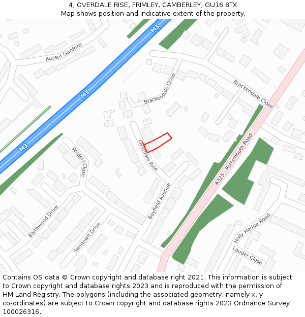 4, OVERDALE RISE, FRIMLEY, CAMBERLEY, GU16 8TX: Location map and indicative extent of plot