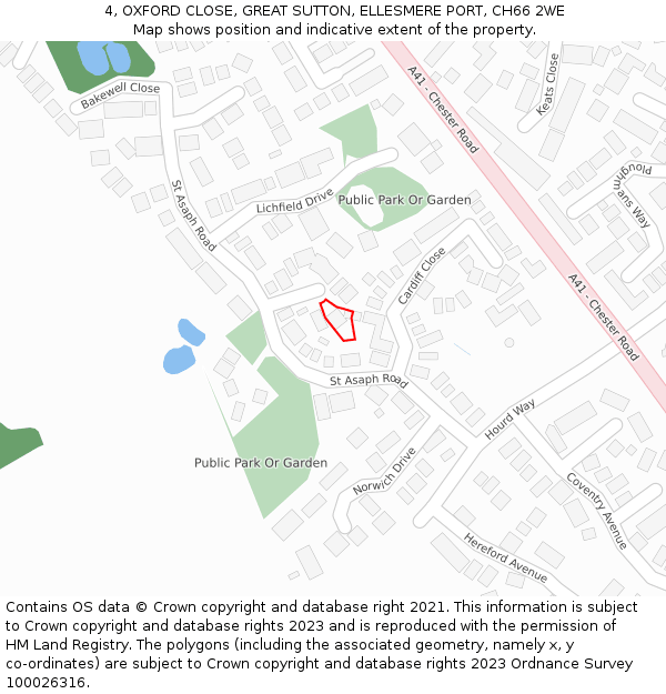 4, OXFORD CLOSE, GREAT SUTTON, ELLESMERE PORT, CH66 2WE: Location map and indicative extent of plot