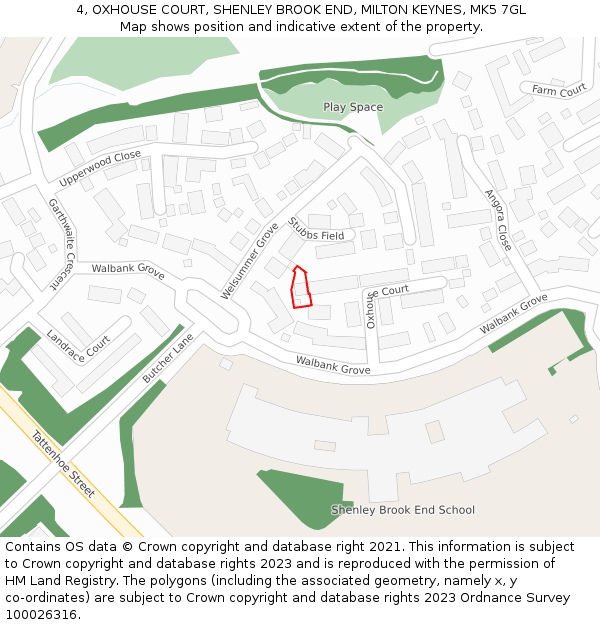 4, OXHOUSE COURT, SHENLEY BROOK END, MILTON KEYNES, MK5 7GL: Location map and indicative extent of plot