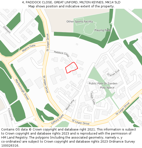 4, PADDOCK CLOSE, GREAT LINFORD, MILTON KEYNES, MK14 5LD: Location map and indicative extent of plot