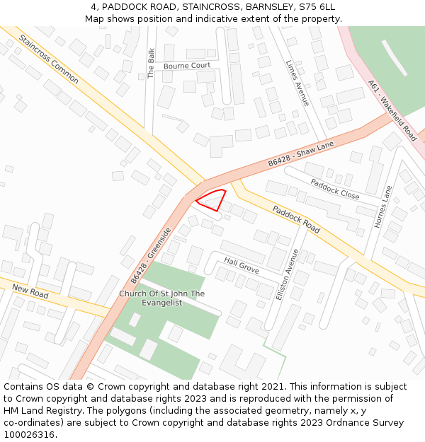 4, PADDOCK ROAD, STAINCROSS, BARNSLEY, S75 6LL: Location map and indicative extent of plot