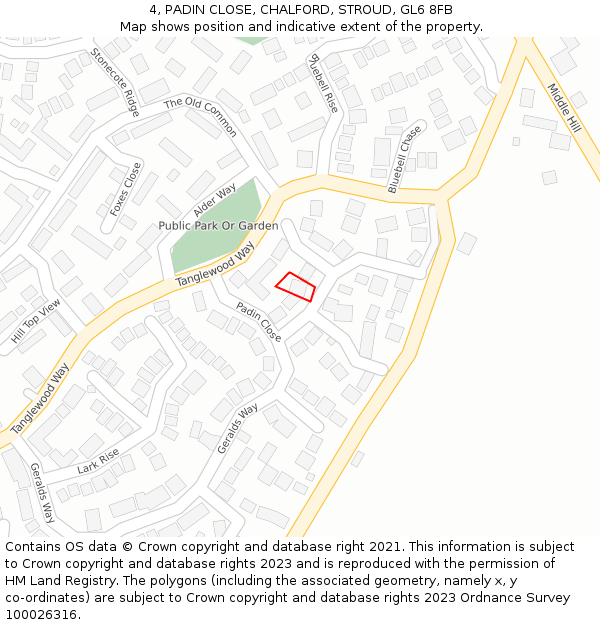 4, PADIN CLOSE, CHALFORD, STROUD, GL6 8FB: Location map and indicative extent of plot
