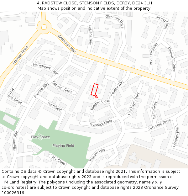 4, PADSTOW CLOSE, STENSON FIELDS, DERBY, DE24 3LH: Location map and indicative extent of plot