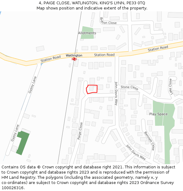 4, PAIGE CLOSE, WATLINGTON, KING'S LYNN, PE33 0TQ: Location map and indicative extent of plot