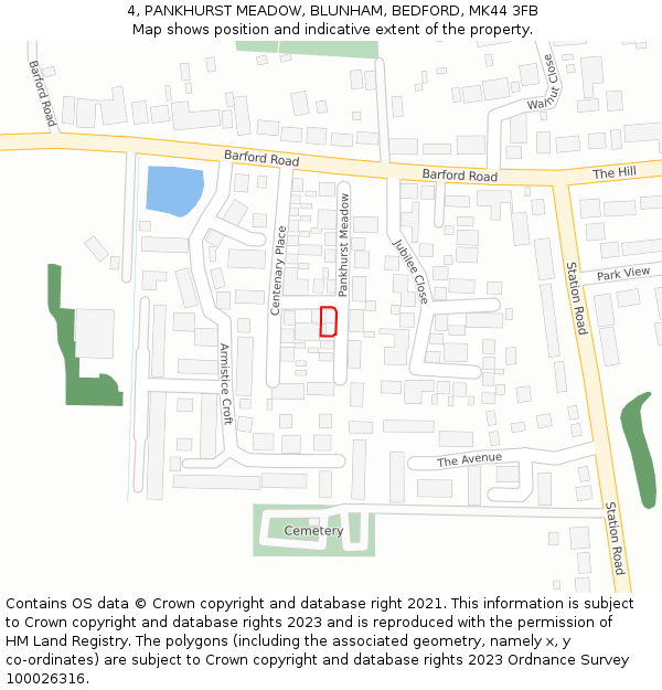 4, PANKHURST MEADOW, BLUNHAM, BEDFORD, MK44 3FB: Location map and indicative extent of plot