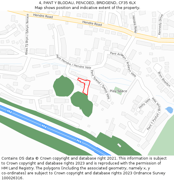4, PANT Y BLODAU, PENCOED, BRIDGEND, CF35 6LX: Location map and indicative extent of plot