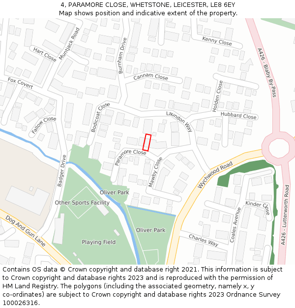 4, PARAMORE CLOSE, WHETSTONE, LEICESTER, LE8 6EY: Location map and indicative extent of plot