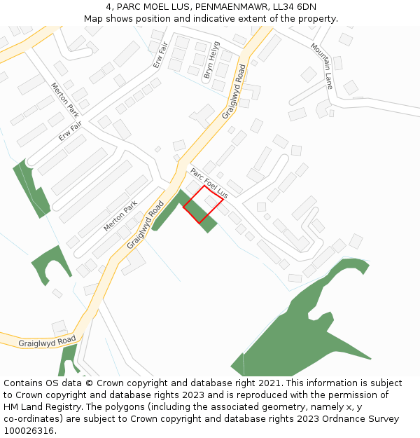 4, PARC MOEL LUS, PENMAENMAWR, LL34 6DN: Location map and indicative extent of plot
