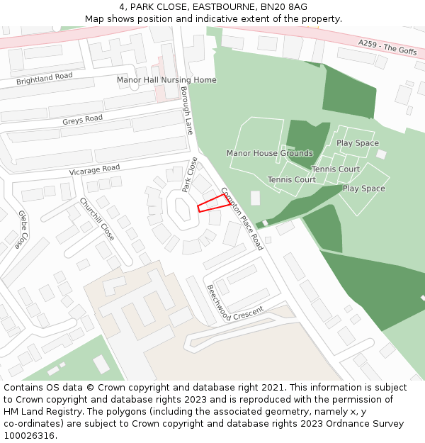 4, PARK CLOSE, EASTBOURNE, BN20 8AG: Location map and indicative extent of plot