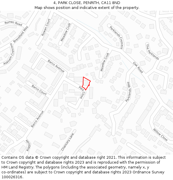 4, PARK CLOSE, PENRITH, CA11 8ND: Location map and indicative extent of plot
