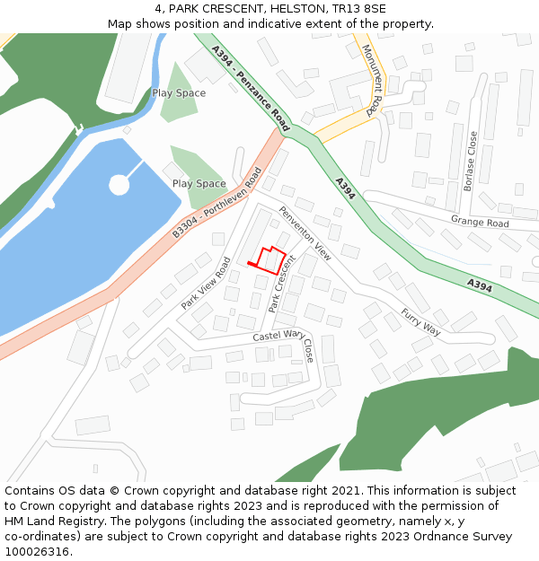 4, PARK CRESCENT, HELSTON, TR13 8SE: Location map and indicative extent of plot