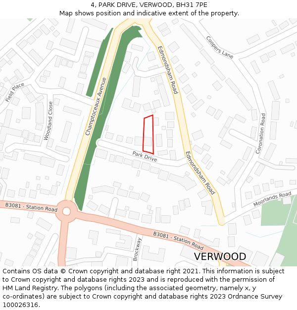 4, PARK DRIVE, VERWOOD, BH31 7PE: Location map and indicative extent of plot