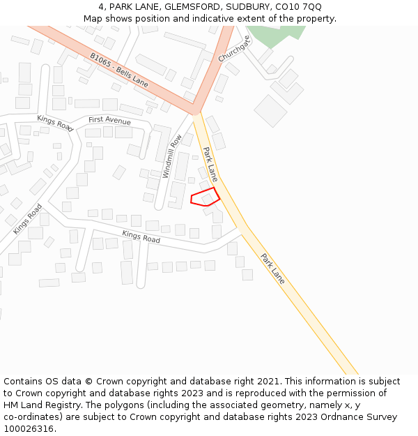 4, PARK LANE, GLEMSFORD, SUDBURY, CO10 7QQ: Location map and indicative extent of plot