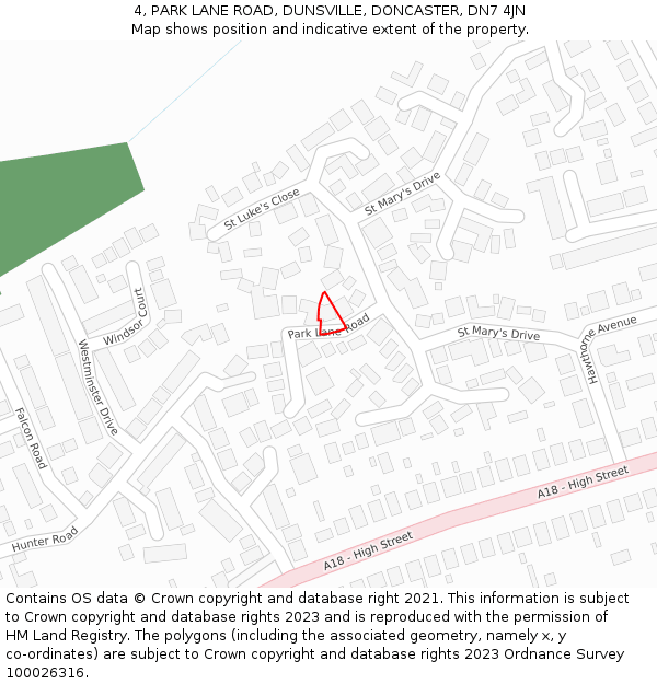 4, PARK LANE ROAD, DUNSVILLE, DONCASTER, DN7 4JN: Location map and indicative extent of plot