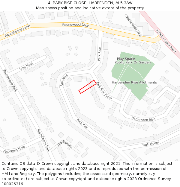 4, PARK RISE CLOSE, HARPENDEN, AL5 3AW: Location map and indicative extent of plot