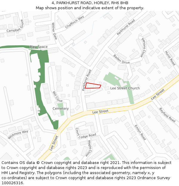 4, PARKHURST ROAD, HORLEY, RH6 8HB: Location map and indicative extent of plot