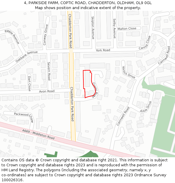 4, PARKSIDE FARM, COPTIC ROAD, CHADDERTON, OLDHAM, OL9 0GL: Location map and indicative extent of plot