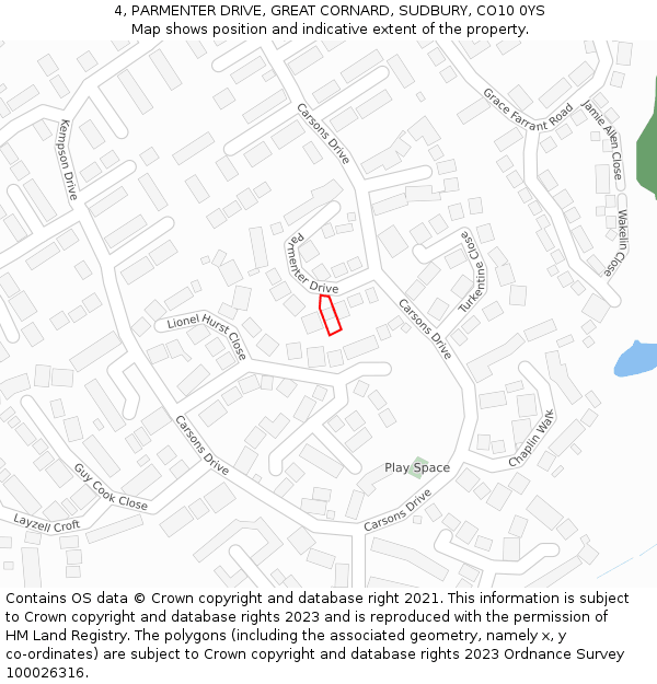 4, PARMENTER DRIVE, GREAT CORNARD, SUDBURY, CO10 0YS: Location map and indicative extent of plot