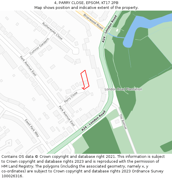 4, PARRY CLOSE, EPSOM, KT17 2PB: Location map and indicative extent of plot