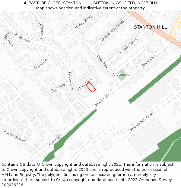 4, PASTURE CLOSE, STANTON HILL, SUTTON-IN-ASHFIELD, NG17 3HX: Location map and indicative extent of plot