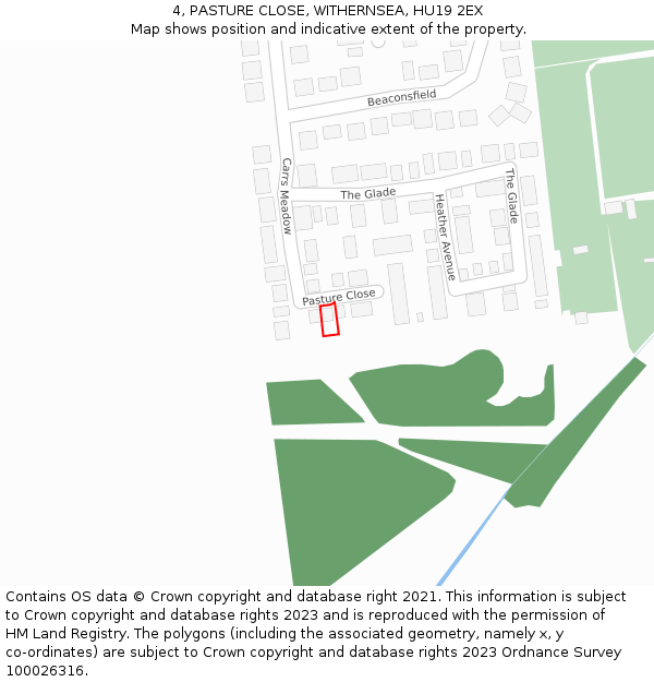 4, PASTURE CLOSE, WITHERNSEA, HU19 2EX: Location map and indicative extent of plot