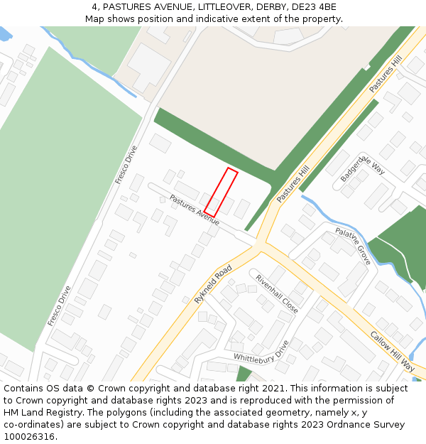 4, PASTURES AVENUE, LITTLEOVER, DERBY, DE23 4BE: Location map and indicative extent of plot