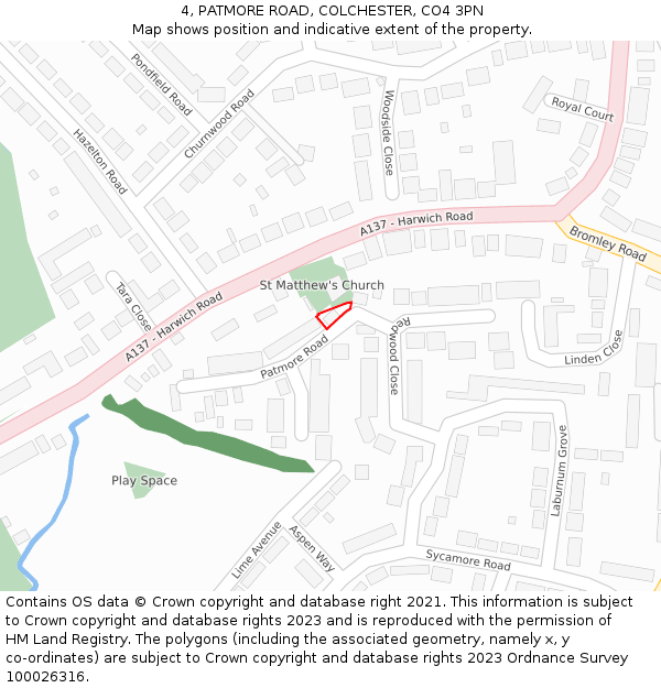 4, PATMORE ROAD, COLCHESTER, CO4 3PN: Location map and indicative extent of plot