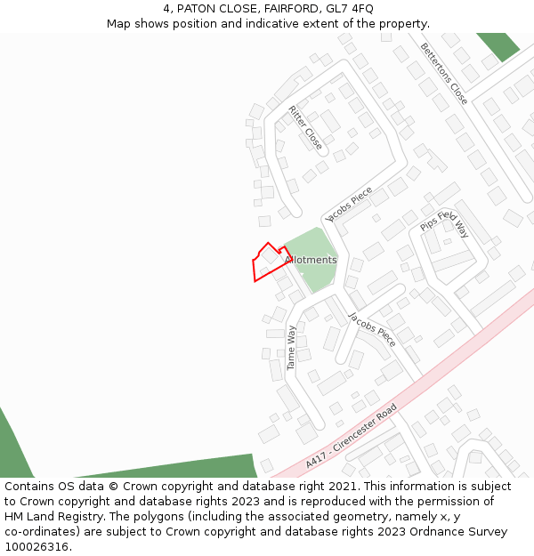 4, PATON CLOSE, FAIRFORD, GL7 4FQ: Location map and indicative extent of plot