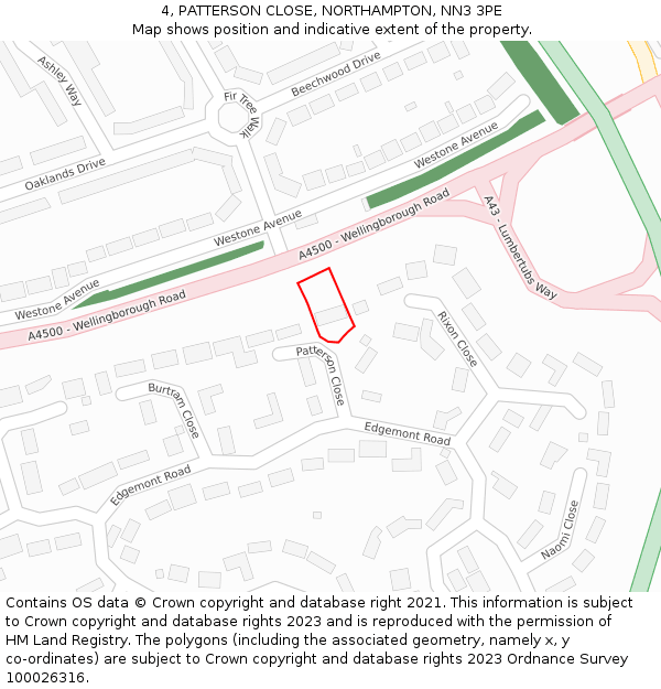 4, PATTERSON CLOSE, NORTHAMPTON, NN3 3PE: Location map and indicative extent of plot