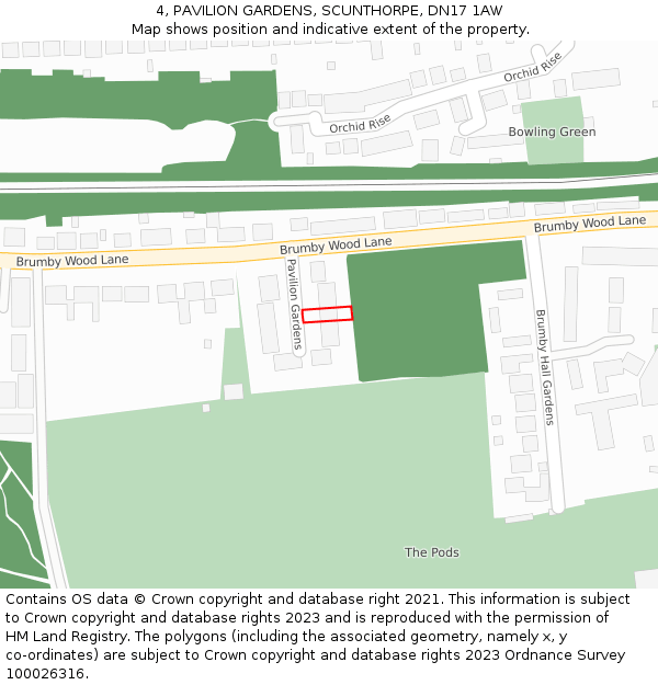 4, PAVILION GARDENS, SCUNTHORPE, DN17 1AW: Location map and indicative extent of plot