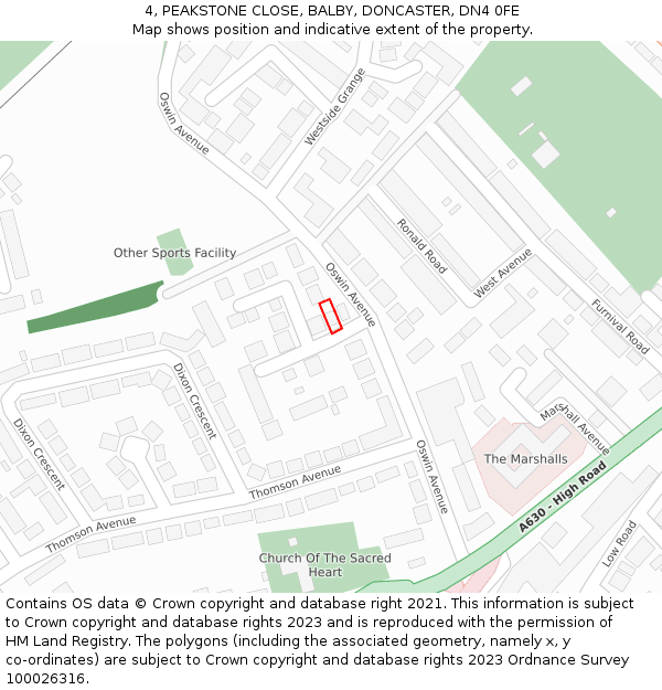 4, PEAKSTONE CLOSE, BALBY, DONCASTER, DN4 0FE: Location map and indicative extent of plot