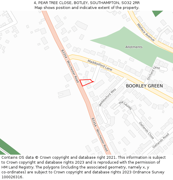 4, PEAR TREE CLOSE, BOTLEY, SOUTHAMPTON, SO32 2RR: Location map and indicative extent of plot