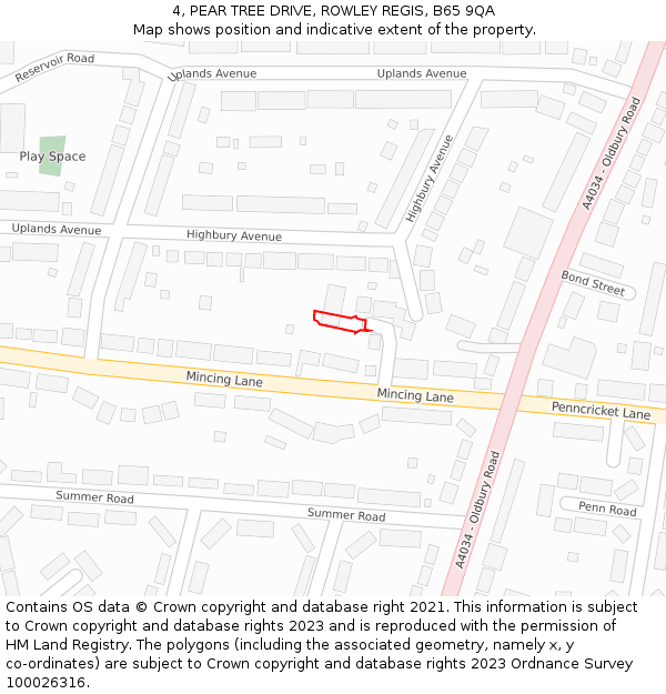 4, PEAR TREE DRIVE, ROWLEY REGIS, B65 9QA: Location map and indicative extent of plot