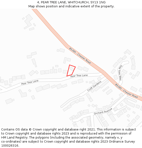 4, PEAR TREE LANE, WHITCHURCH, SY13 1NG: Location map and indicative extent of plot