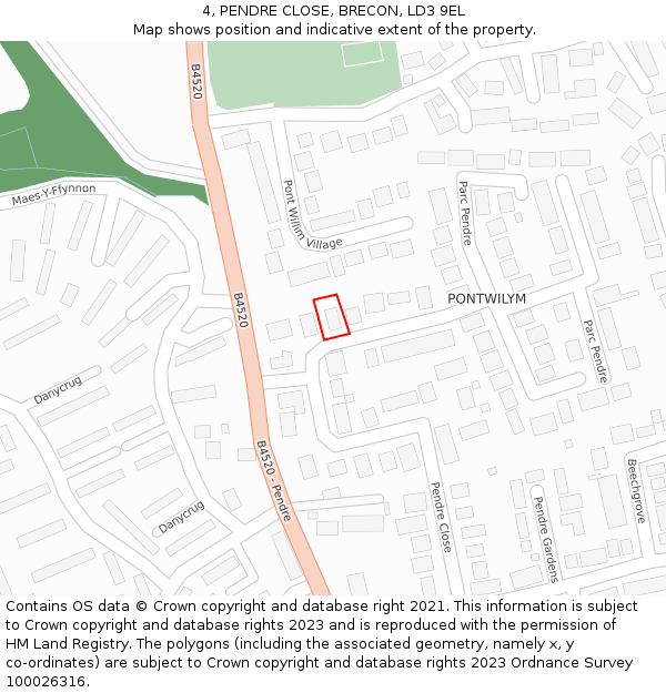 4, PENDRE CLOSE, BRECON, LD3 9EL: Location map and indicative extent of plot
