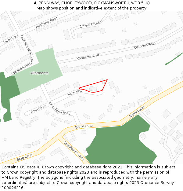 4, PENN WAY, CHORLEYWOOD, RICKMANSWORTH, WD3 5HQ: Location map and indicative extent of plot