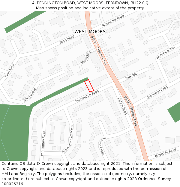 4, PENNINGTON ROAD, WEST MOORS, FERNDOWN, BH22 0JQ: Location map and indicative extent of plot