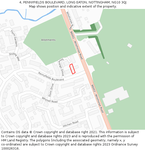 4, PENNYFIELDS BOULEVARD, LONG EATON, NOTTINGHAM, NG10 3QJ: Location map and indicative extent of plot
