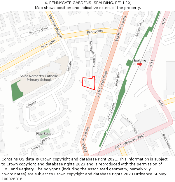 4, PENNYGATE GARDENS, SPALDING, PE11 1XJ: Location map and indicative extent of plot