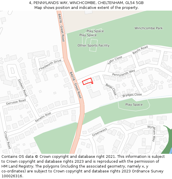 4, PENNYLANDS WAY, WINCHCOMBE, CHELTENHAM, GL54 5GB: Location map and indicative extent of plot