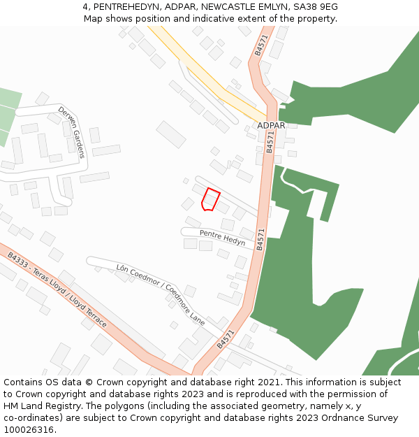 4, PENTREHEDYN, ADPAR, NEWCASTLE EMLYN, SA38 9EG: Location map and indicative extent of plot