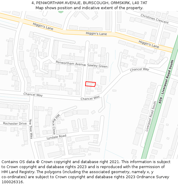 4, PENWORTHAM AVENUE, BURSCOUGH, ORMSKIRK, L40 7AT: Location map and indicative extent of plot