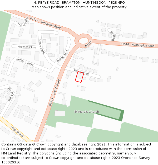 4, PEPYS ROAD, BRAMPTON, HUNTINGDON, PE28 4PQ: Location map and indicative extent of plot