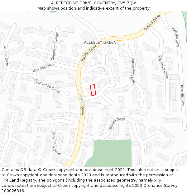 4, PEREGRINE DRIVE, COVENTRY, CV5 7QW: Location map and indicative extent of plot