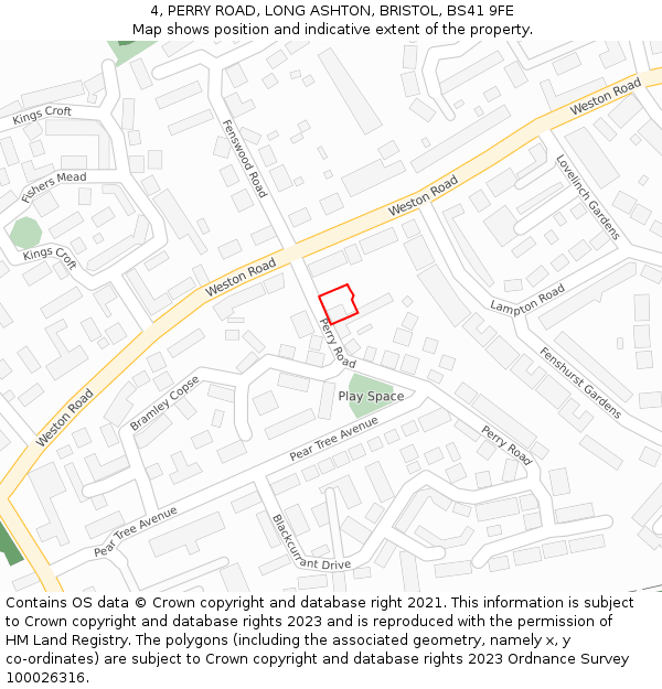 4, PERRY ROAD, LONG ASHTON, BRISTOL, BS41 9FE: Location map and indicative extent of plot