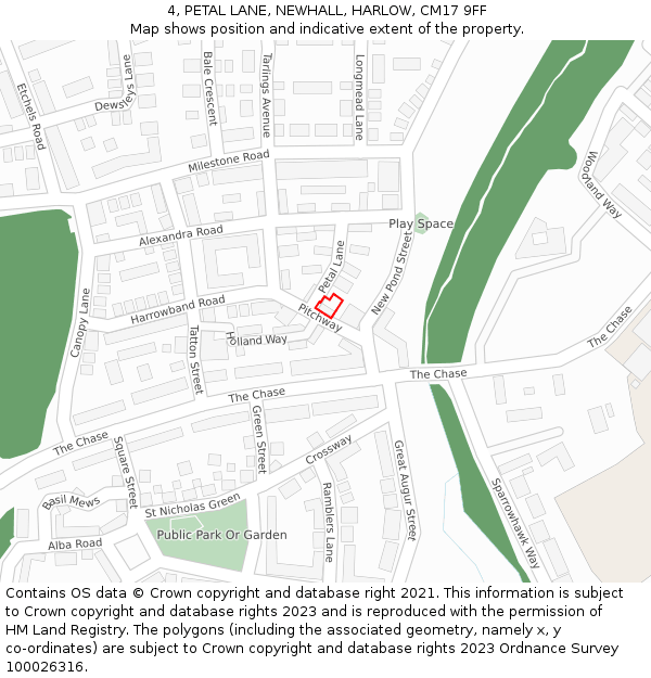 4, PETAL LANE, NEWHALL, HARLOW, CM17 9FF: Location map and indicative extent of plot