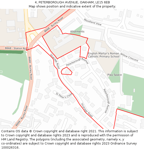 4, PETERBOROUGH AVENUE, OAKHAM, LE15 6EB: Location map and indicative extent of plot