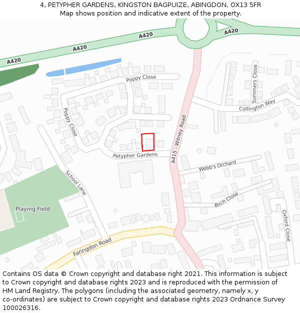 4, PETYPHER GARDENS, KINGSTON BAGPUIZE, ABINGDON, OX13 5FR: Location map and indicative extent of plot