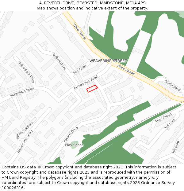 4, PEVEREL DRIVE, BEARSTED, MAIDSTONE, ME14 4PS: Location map and indicative extent of plot